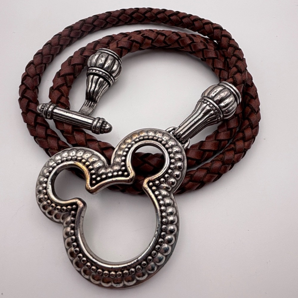 Vintage Brighton Disney Mickey Brown Braided Leather Belt Toggle Metal 39"